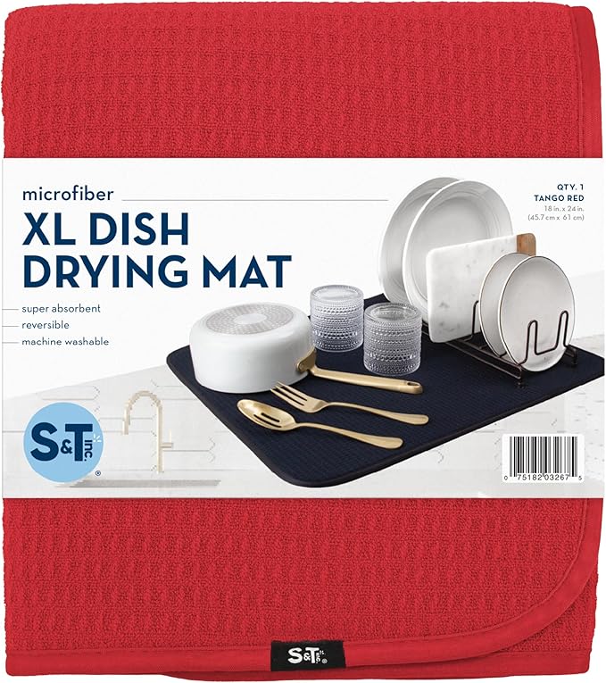 S&T INC. Dish Drying Mat XL, 18” x 24”, Absorbent Microfiber Kitchen Counter Mat, Dish Drying Pad for Dishes, Utensils, Pots and Pans, Extra Large, Red