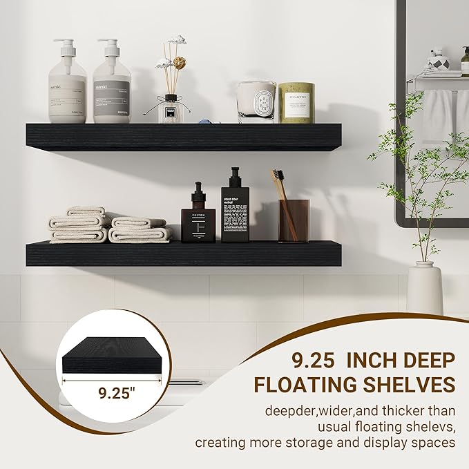 24 Inch Floating Shelves, 24"x9.25"x1.5" Inch Deep Floating Shelves for Wall, Wooden Shelves for Bathroom, Bedroom, Living Room, Black