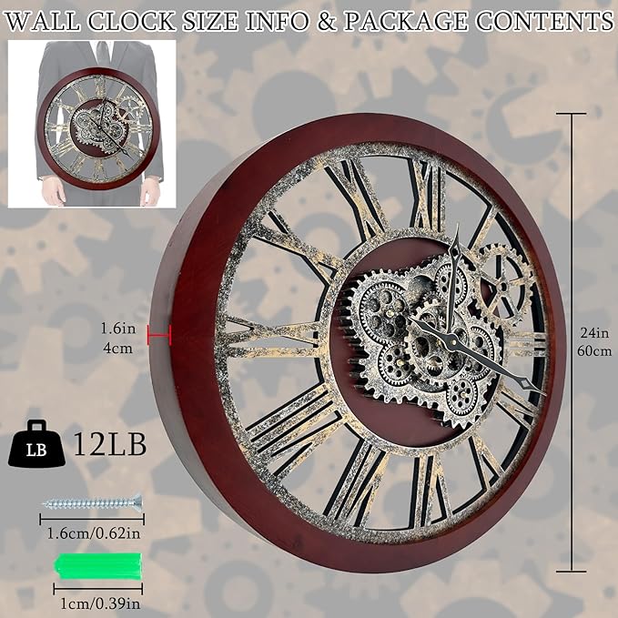 HOIBAI Large Wall Clock, 18 Inch Wall Clocks for Living Room Decor Farmhouse Vintage Rustic Kitchen Wall Decor Vintage Roman Big Oversized Wall Clock for Home Bedroom House Office, Moving Gears Clock