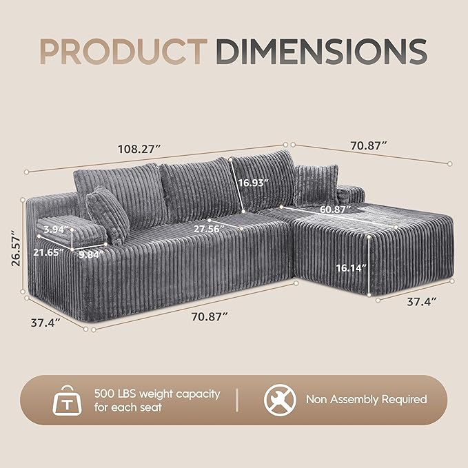 Hobestluk Modular Sectional Sofa Couches 108" L-Shape Couch 3 Seat Modular Sofa Memory Foam Sectional Couches for Living Room, Boneless Couch with Oversized Chaise (Light Grey, Right Facing)