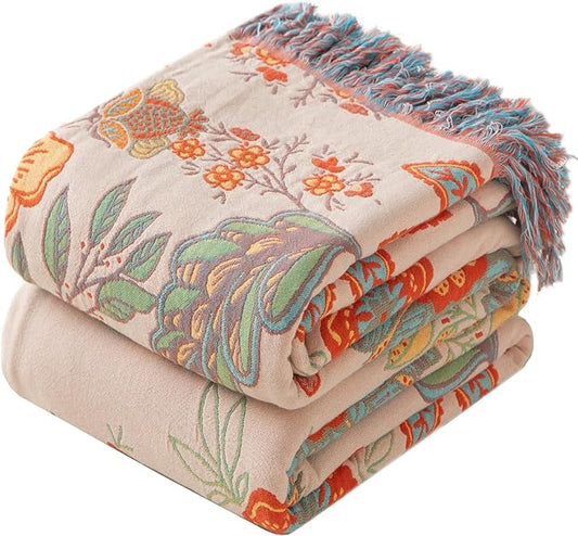 Boho Throw Blanket Queen Size, Soft Cozy Cotton Muslin Quilt Blanket for Bed Decor, Floral Patterned Couch Sofa Chair Cover, Vintage Farmhouse Cottage Tapestry Woven Blanket, Coral&Green