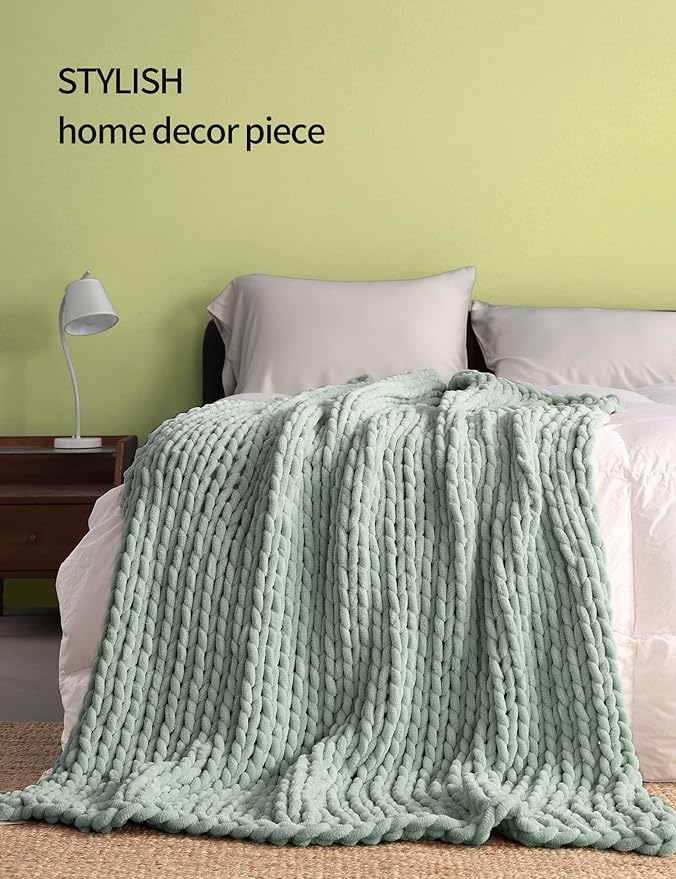 YnM Chunky Throw Blanket, Medium-Weight, Hand Knitted with Chenille Yarn, Skin Friendly, Ventilated and Breathable, Machine Washable, Home Décor Piece for Couch, Sofa and Bed (Sage Green, 30x40 Inch)