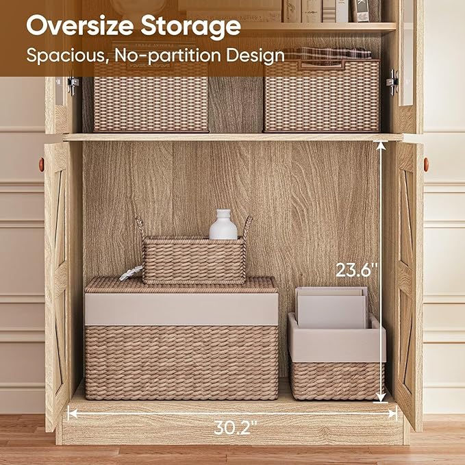 Vyre 71" Tall Farmhouse Bookshelves with Glass Doors, Set of 2 – Large Modular Bookcase with Adjustable Shelves, Storage Cabinet for Living Room, Kitchen, Home Office, Brown