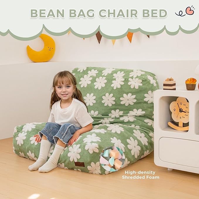 MAXYOYO Bean Bag Chair Bed for Kids, Convertible Bean Bag from Lazy Chair to Floor Bed, Fresh Floral Design Cover, Stuffed Floor Sofa Couch for Boys and Girls, High-Density Foam Filling, Green