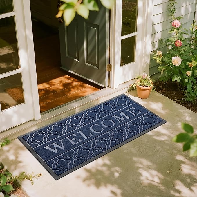 Yimobra Welcome Mat Outdoor Indoor, All-Season Waterproof Front Door Mat Outside Entrance, All-Weather Heavy Duty Non-Slip Doormat, Low Profile Porch Patio Entrance Mats, 47x24, Blue
