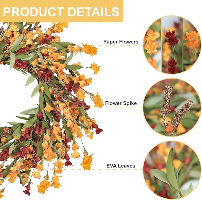 Artgar Fall Wreath, Fall Wreaths for Front Door, 24 in Fall Decor Floral Wreath, Door Wreaths for Front Door Outside All Season for Thanksgiving Home Indoor Outdoor Wall Decor (Red Orange Yellow)
