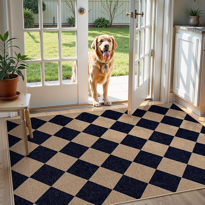 Lahome Checkered Easy Jute Entry Rug, 3x5 Black Outdoor Patio Rug for Living Room Farmhouse Neutral Carpet, Washable Non Slip Indoor Door Mat Diamond Carpet for Front Door Deck Camping