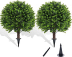 Artificial Boxwood Topiary Outdoor Plants with Spike, 2 Pack Faux Bushes UV Resistant Fake Shrubs for Front Porch Décor