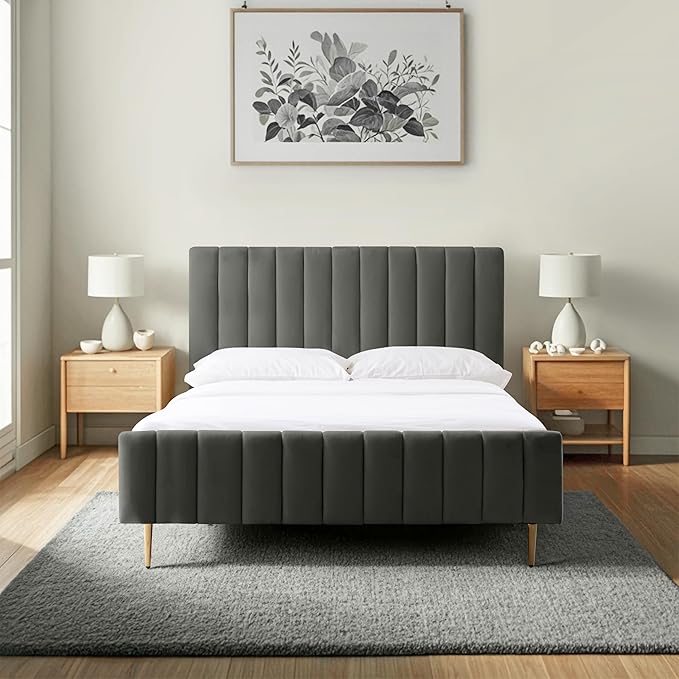 Livinia Full Size Elton Velvet Platform Bed, Upholstered Bed Frame with Vertical Channel Tufted Headboard Footboard, Strong Wood Slats, No Box Spring Needed, Gray (Full)