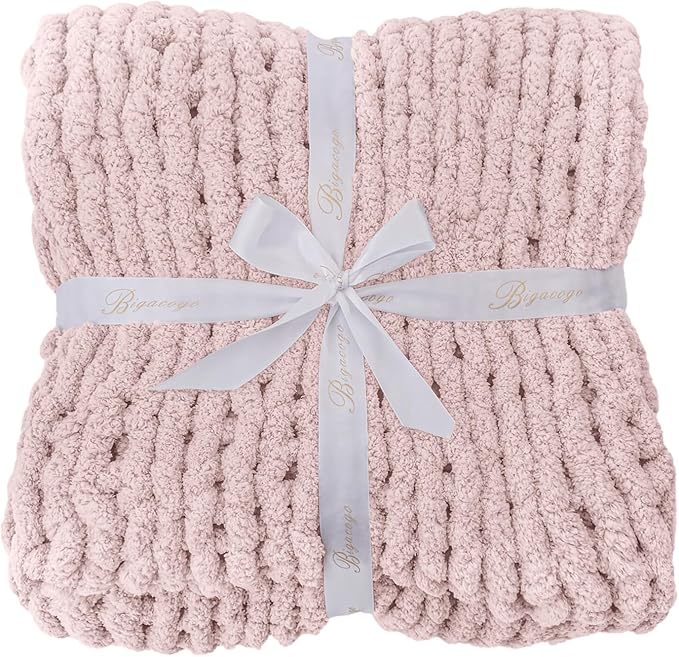 Bigacogo Chunky Knit Throw Blanket for Couch, 51x63 inches, 100% Hand Knitted with Thick Jumbo Chenille Yarn, Cozy Soft Large Rope Knot Cable Crochet Blankets for Sofa Bed Living Room, Rose Tan