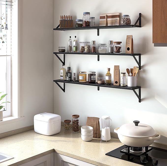 Heimlove Floating Shelves for Wall, 36 Inch Long Wood Floating Bookshelf Set of 3, Wall Mounted Hanging Shelf for Bathroom Bedroom Kitchen, Black