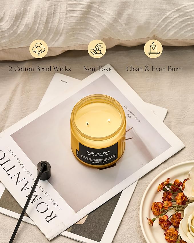 M&SENSE Neroli Tea Scented Candle - 11.6oz Natural Soy Wax Non Toxic 70-Hour Burn, 2-Wick Citrus Scent Candle for Stress Relief & Relaxation - Slow-Burning Home Fragrance Gift for Holiday