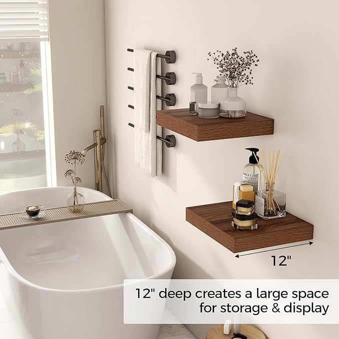 Fun Memories 12 Inch Floating Shelf, Rustic Wood Wall Shelves for Wall Decor & Storage, 12 x 12 Floating Shelf for Living Room, Bathroom, Bedroom, Walnut, Set of 2
