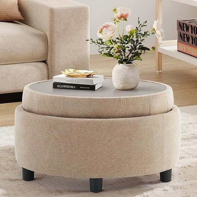 COLAMY Fabric Round Storage Ottoman with Reversible Tray Lid – Multi-Functional Footrest, Hidden Storage, Sturdy & Stylish Small Coffee Table for Living Room, Bedroom, or Entryway(Camel)