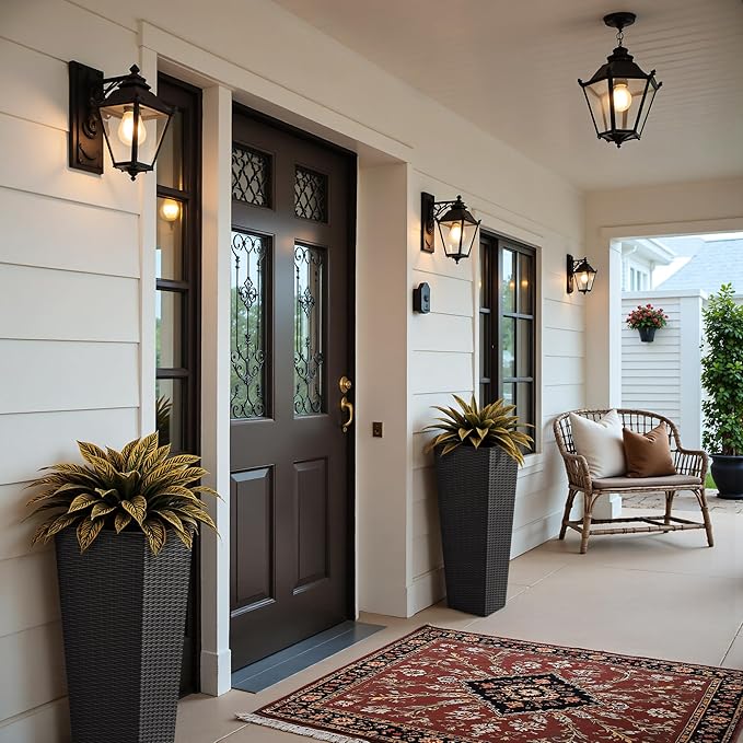 JUMMICO Set of 2 Resin Rattan Tall Planters for Outdoor Plants, Large Tapered Planters with Drainage Holes&Inner Trays, Flower Pots for Garden, Patio, Porch, Backyard (Black, 32'')