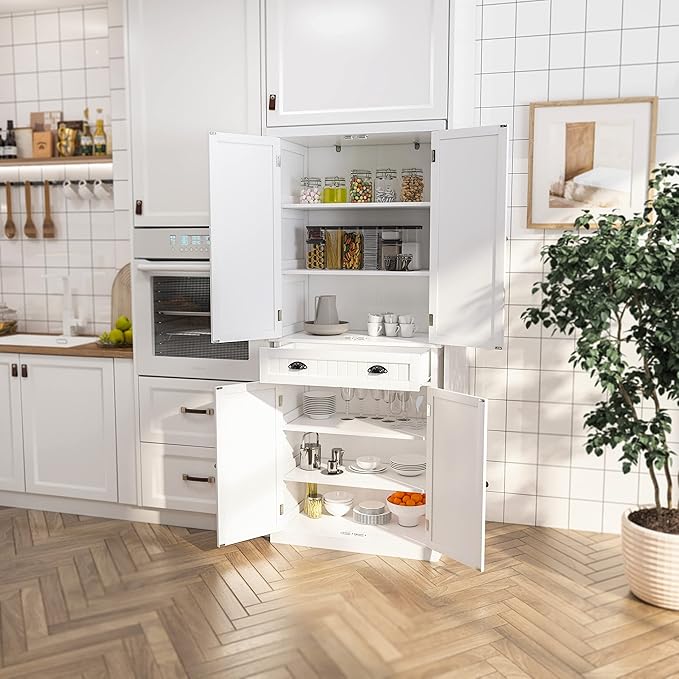 ARTPOWER 72" Tall Kitchen Pantry Storage Cabinet with Drawer and Adjustable Shelves, Pantry Cabinet for Kitchen, Bathroom or Hallway, White
