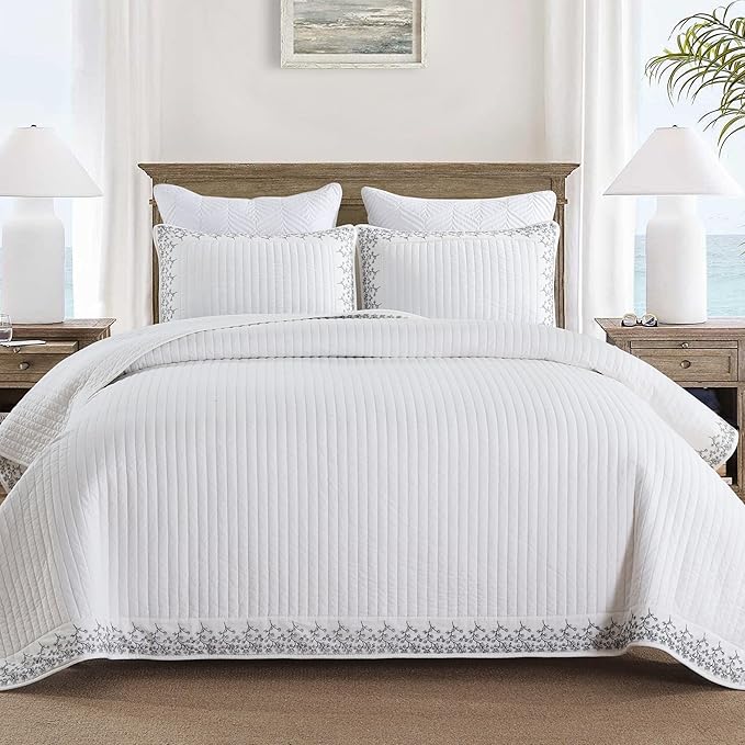 MarCielo 3-Piece 100% Cotton White Striped Quilt Set with Botanical Edge Embroidery TC(Sakura White,King(106" X 98"))