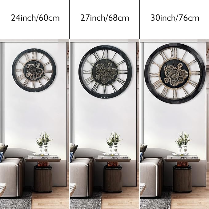 DORBOKER 24" Large Wall Clock with Moving Gears,Oversize Vintage Industrial Rustic Farmhouse Clocks for Living Room Decor Office Home,Solid Wood HD Tempered Glass Cover,Vintage Black