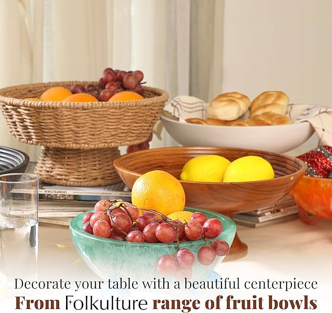 Folkulture Wooden Fruit Bowl for Kitchen Counter | 12" Large Premium Eco Friendly Banana Fruit Basket for Kitchen | White Wood Bowl with Holder, Pedestal for Table Decor, Centerpiece for Dining Table