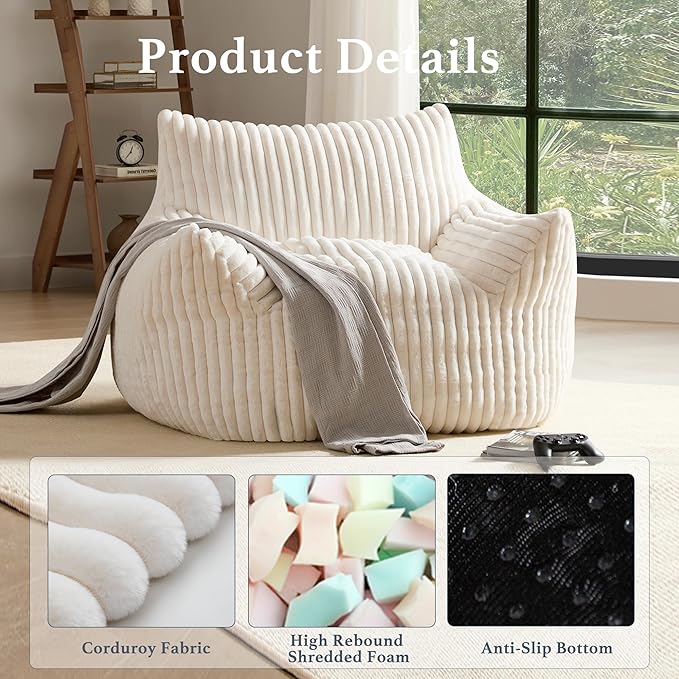 Giant Plush Bean Bag Chair for Adults with Armrests - Oversized Comfy Beige Beanbag Lounge Lazy Floor Sofa Accent Chair for Living Room, Bedroom & Dorm, Cozy Fluffy Single Cloud Mini Couch