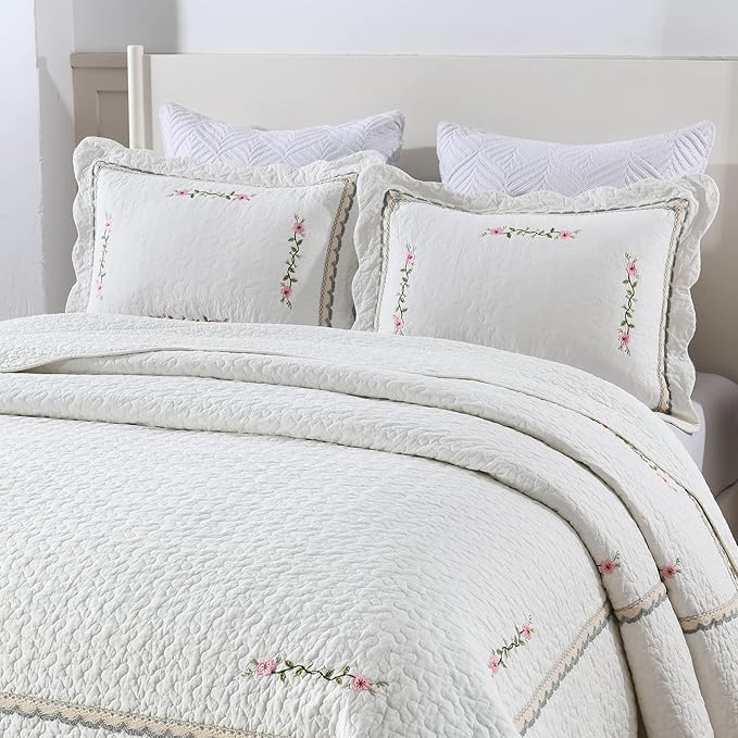 MarCielo 3-Piece 100% Cotton Oversized Bedspread Lightweight Quilt Coverlet Embroidery Farmhouse Bedding Set (Sakura White, Oversized Queen (100"x106"))