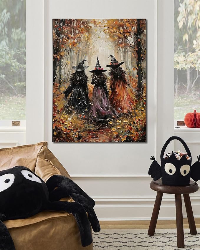 Halloween Canvas Wall Art, Vintage Three Witches Poster, Gothic Dark Academia Wall Decor, Spooky Halloween Decor for Living Room, Bedroom & Bathroom, Framed Fall Decorations Indoor