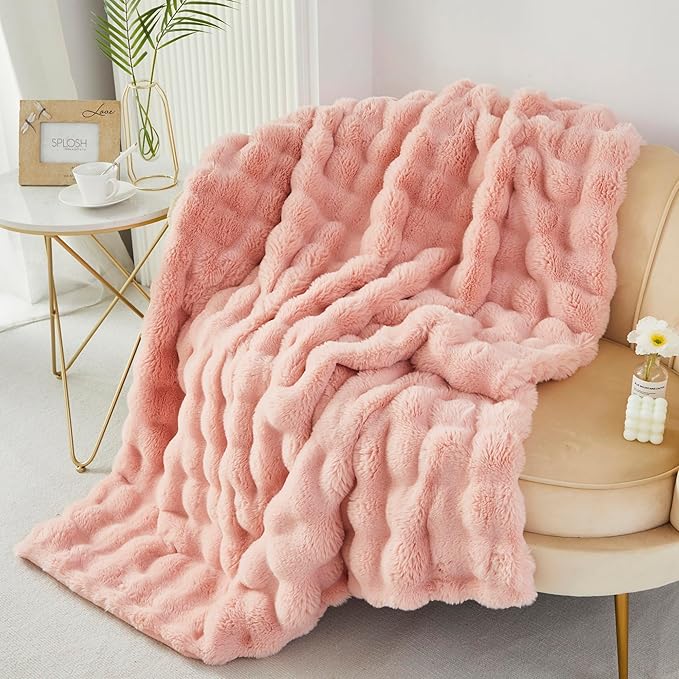 RYNGHIPY Faux Fur Bed Blankets Fluffy Warm Throw Blanket for Sofa Couch Soft Plush Decorative Blanket Thick and Heavy Cute Bubble Furry Blanket (Blush, 51''x63'')