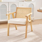 VEVOR Mid Century Modern Rattan Chair, Upholstered Velvet Accent Chair with Rattan Back, Retro Living Room Chair for Living Room, Bedroom, Reading Room, and Office, Beige