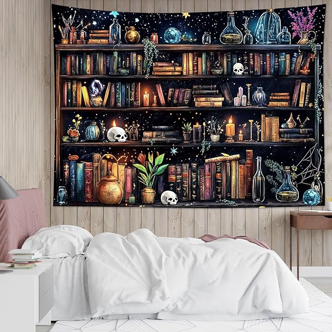 HVEST Magic Bookshelf Tapestry Wall Hanging Vintage Bookshelf Witchy Books Plant Skull Gothic Halloween Wall Decor Starry Sky Tapestry for Bedroom Living Room Dorm, 60L x 80W Inches