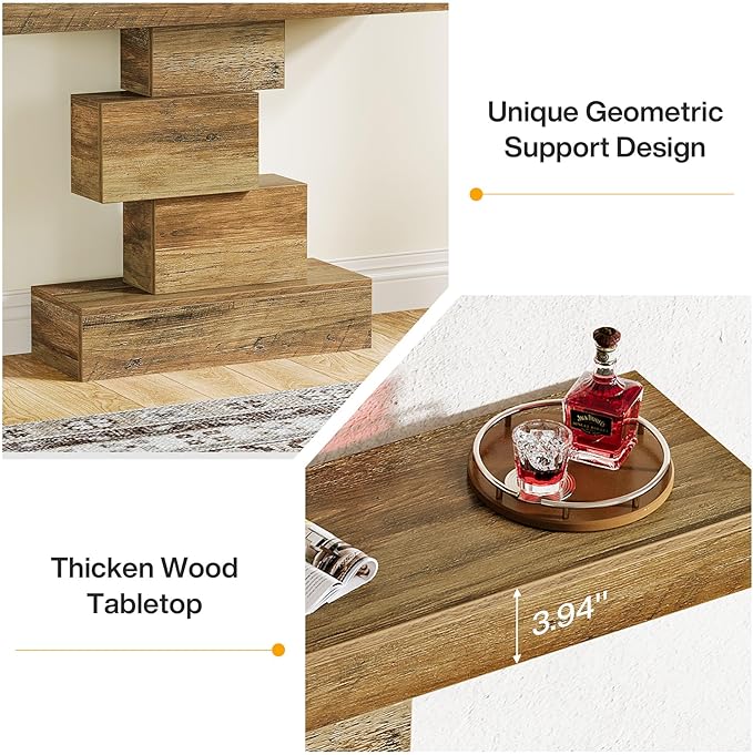 Tribesigns 42.5" Farmhouse Console Table, Narrow Wood Sofa Table Behind Couch with Geometric Base, Industrial Entryway Accent Table for Living Room, Hallway, Entrance (Light Brown)