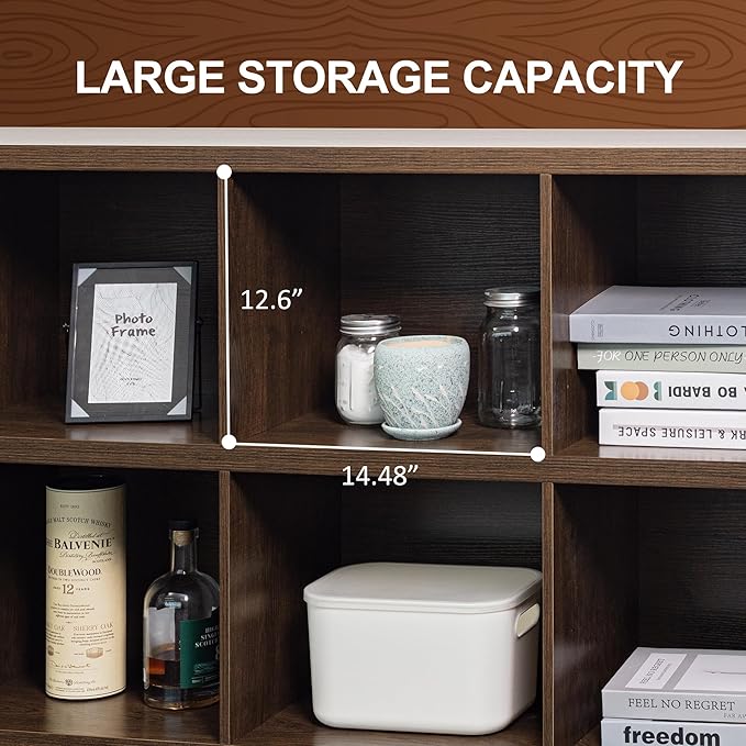 8 Cube Storage Organizer Bookshelf, Industrial Horizontal Bookcase, Accent Cubby Shelf, Media Console Table for Living Room, Home Office, 63 Inches, Brown Walnut