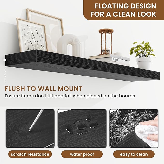 fuqing Floating Shelves for Wall, Bathroom Shelf Wall Mounted for Storage, Shelves with Invisible Bracket for Bedroom, Kitchen, Living Room, Farmhouse Small Book Shelf, 40 Inch Set of 2, Black