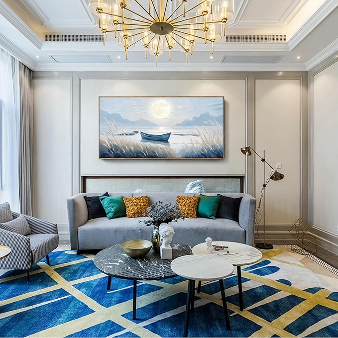 amatop Oversized Framed Coastal Wall Art for Living Room Blue Boat Moon Sea Picture Landscape Canvas Print Calming Night Ocean Lake Scene Large Artwork Nautical Bedroom Office Wall Decor 58x29 In