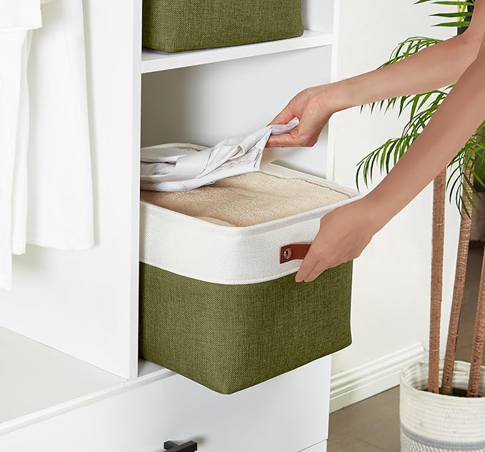 DECOMOMO Storage Bins Fabric Storage Baskets for Shelves, Linen Closet Organization Toys Nursery (Olive Green and White, Large - 3 Pack)