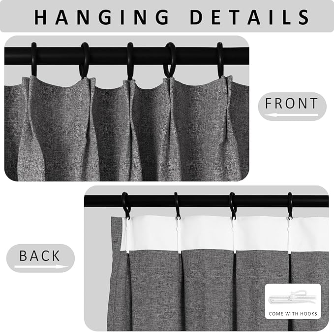 Macochico 100% Blackout Pinch Pleated Linen Curtains Thermal Window Treatments Sound Reducing Curtains for Bedroom Living Room Natural Grey Farmhouse Burlap Drapes with Tieback 52”Wx63”L 1 Panel