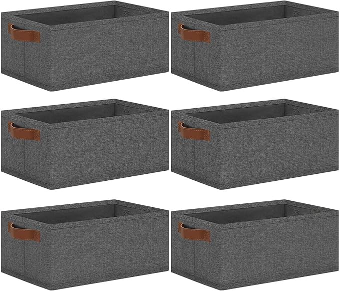 GhvyenntteS Small Fabric Storage Bins 6 Pack, 11.8" x 7.87" x 5.11" Storage Basket with Leather Handles, Closet Storage Bins for Shelves, Storage Baskets for Shelves, DVD Storage (Grey)