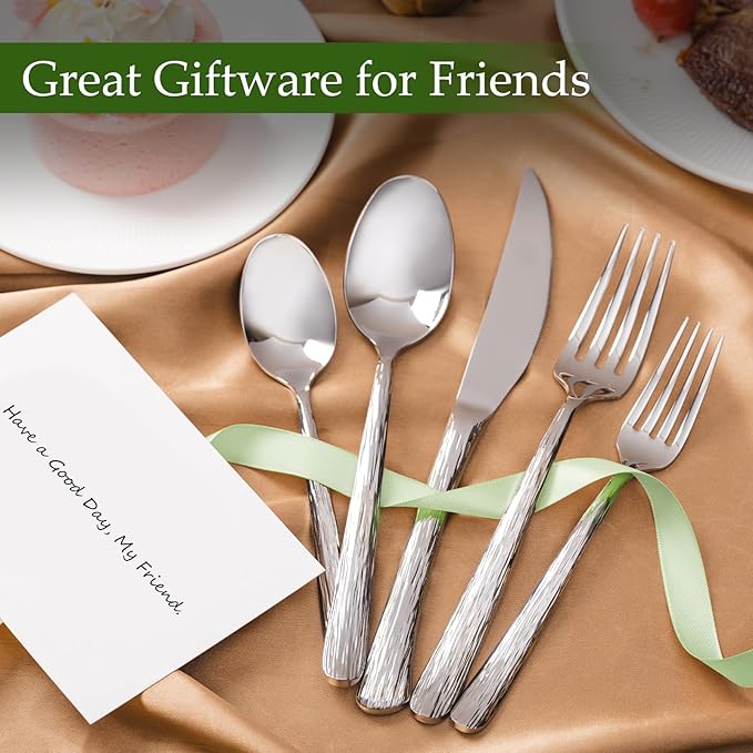 Aisoso 20-Piece High-End Silverware Set with Stone Patterned Handle Mirror Finished Stainless Steel Serving Utensils for 4, Durability and Dishwasher Safe for Home, Restaurant, Weddings