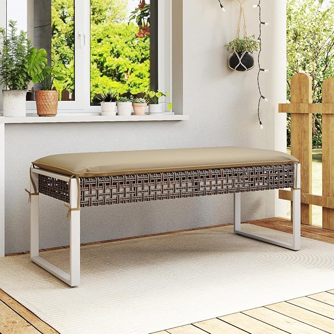 Tangkulka Outdoor Ottoman, Patio Rattan Heavy Duty Wicker Footrest with Soft Cushion & Metal Frame, Extra Seating, for Porch, Backyard, Lawn and Poolside (2)