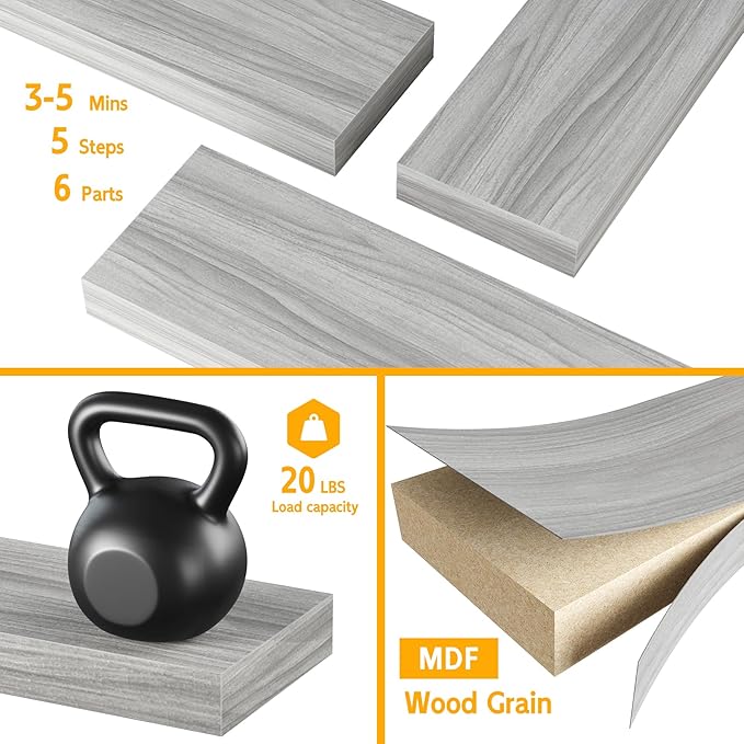 BAMEOS Floating Shelves, Walnut Wall Mounted Wooden Shelves with Invisible Brackets Set of 2, Hanging Wall Shelves Decoration for Bedroom, Bathroom, Living Room and Kitchen