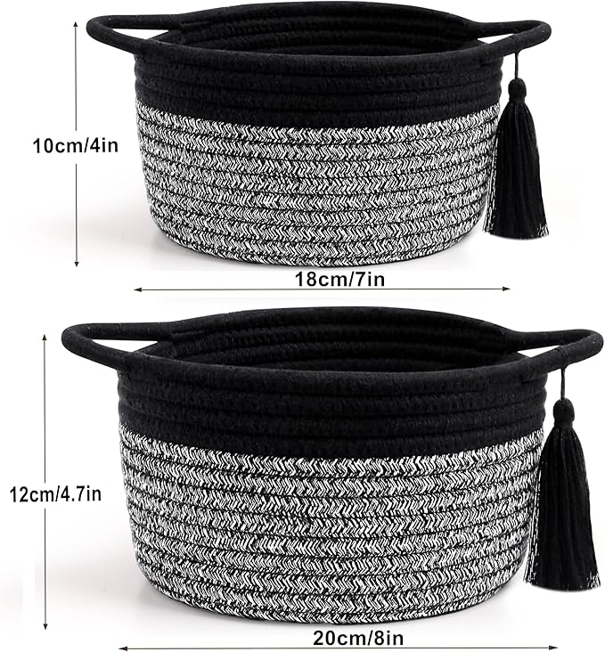 Empty Gift Basket Mini Woven Rope Organizer Baskets for Baby Shower, Vanity, Makeup Brushes, Bathroom, Shelves, Desk - Small Decorative Storage Bins - Set of 2, Pre-Shaped, Black Grey