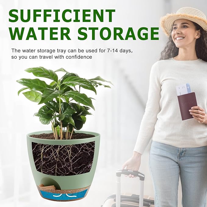 Plant Pots 10/9/8 Inch Self Watering Pots, Set of 3 Plastic Planters with Drainage Holes and Saucers,Plastic Flower Pots,Nursery Planting Pot for Indoor Out Door Plants（Green）