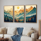 Tinonedraw Large Mountain Framed Canvas Wall Art Set of 3, Boho Nature Forest Wall Decor, Neutral Wooden Pine Trees Artwork, Sunrise Ridge Landscape Art Printing for Living Room Bedroom Office 16"x24"