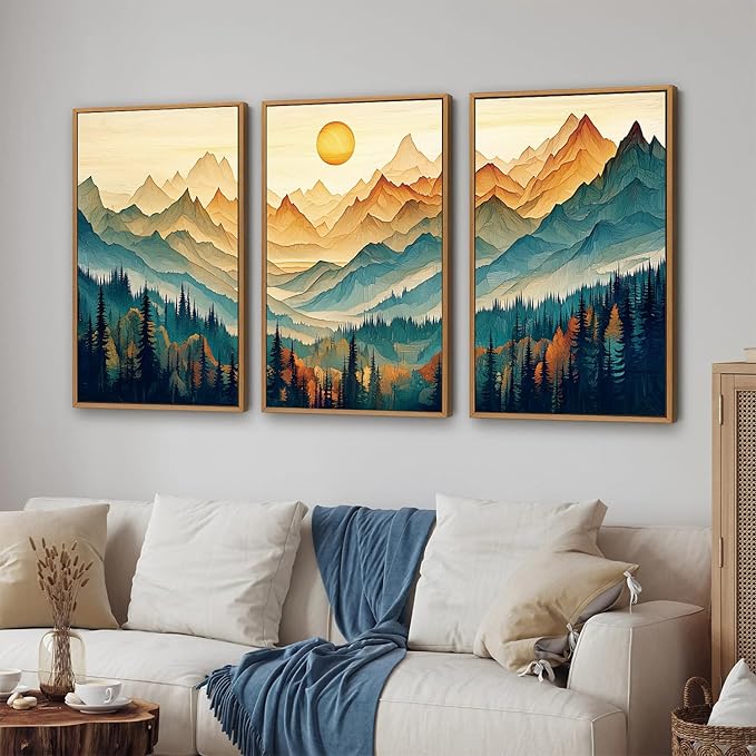 Tinonedraw Large Mountain Framed Canvas Wall Art Set of 3, Boho Nature Forest Wall Decor, Neutral Wooden Pine Trees Artwork, Sunrise Ridge Landscape Art Printing for Living Room Bedroom Office 16"x24"
