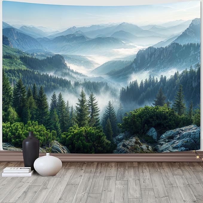 AMM Nature Forest Mountain Tapestry Green Misty Pine Tree Tapestry for Bedroom Aesthetic Foggy Woodlands Sky Landscape Tapestries Wall Hanging for Living Room Dorm 90 x 68 Inch