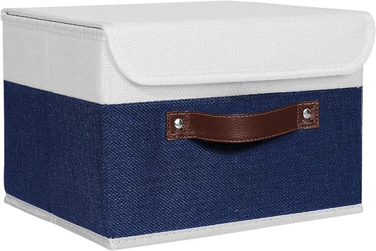 ANMINY Storage Boxes with Lids Washable Decorative Storage Bins Basket with PU Leather Handle Foldable Linen Fabric Storage Cubes Containers for Home Closet Organizer - Deep Blue White, Small Size