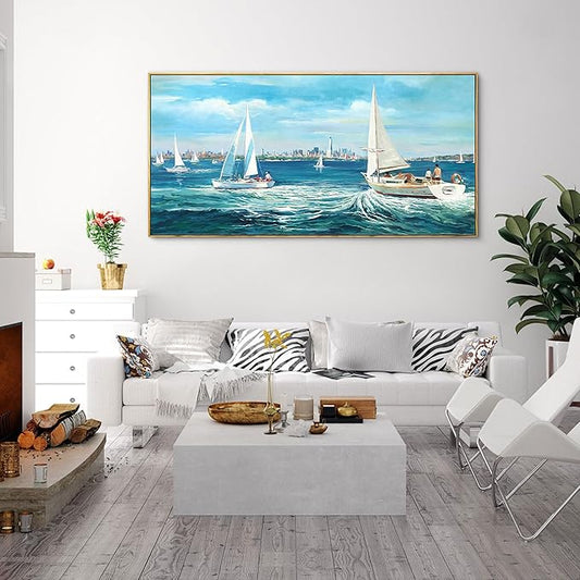 XLSJERST Large Blue Canvas Wall Art Seascape Painting - Landscape Picture Textured Navy Modern Sailboat Ocean Artwork Framed for Living Room Bedroom Bathroom Home Office Wall Decor Large Size 29"x58"