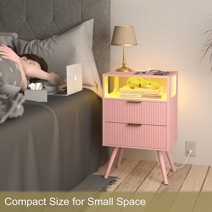 Pink Nightstand with Charging Station and LED Lights,Modern Bedside Table with 2 Storage Drawer and Open Wood Shelf, for Bedroom and Small Spaces,Night Stand with Solid Wood Legs,Pink