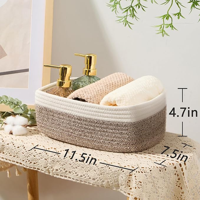 Small Storage Baskets for Organizing | Closet Organizer Bins | Shelf Toy Basket | Woven Rope Baskets | Cube Decorative Box | Shallow Basket | 11.5x7.5x4.7” | 3 Packs White Brown