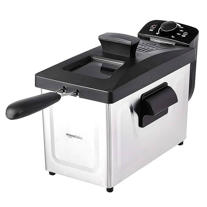 Amazon Basics 3.2-Qt (3.0L) Deep Fryer with 12-Cup Oil Capacity, Adjustable Temperature, Easy Draining Basket, Stainless Steel Exterior, Viewing Window, 1500W, Black & Silver