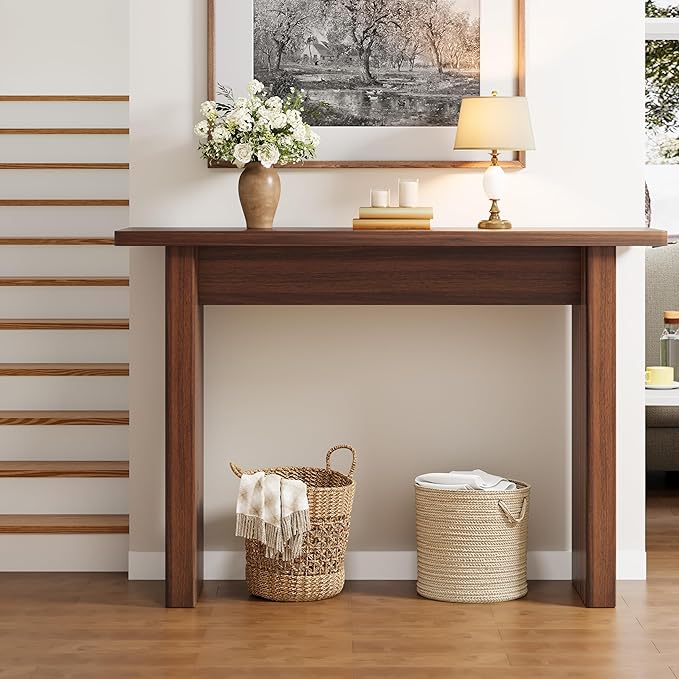 AVZEAR Mid Century Narrow Entryway Console Table, 43.3" Fluted Wood Couch Table Behind Sofa Long and Skinny for Living Room Hallway Entrance Foyer, Walnut